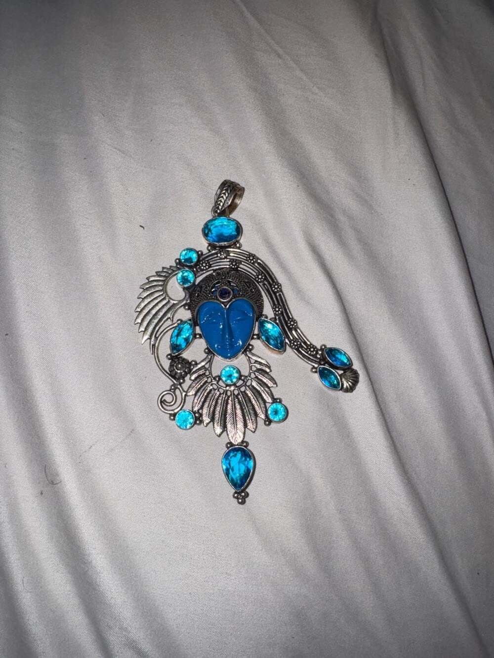 Vintage Egyptian Revival Face Pendant 925 Sterling Silver Blue Topaz Gemstones